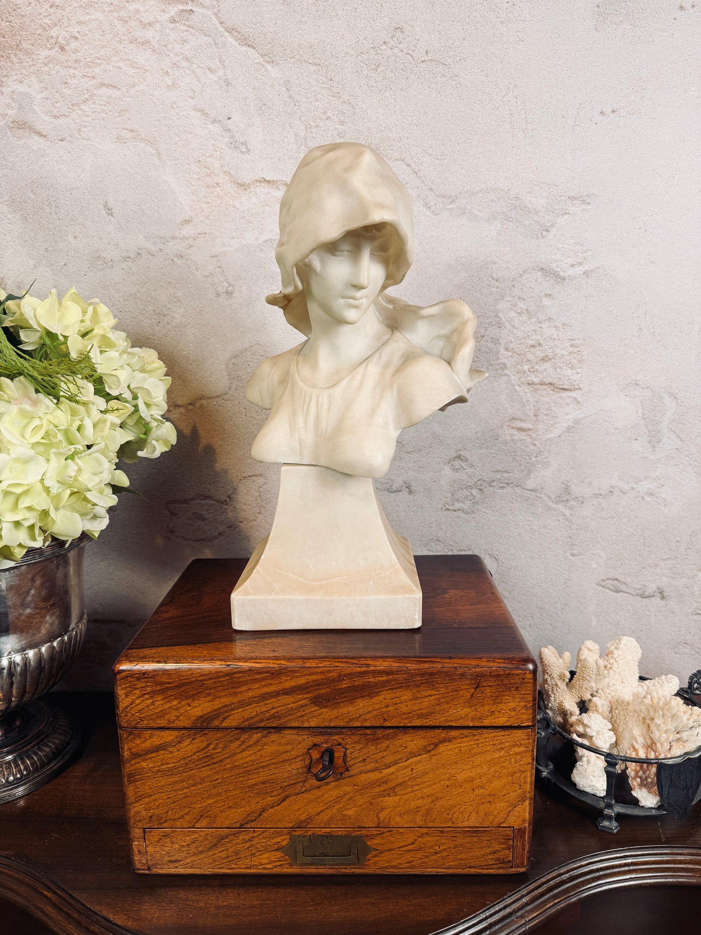 Antique Art Nouveau alabaster bust of hooded maiden, signed