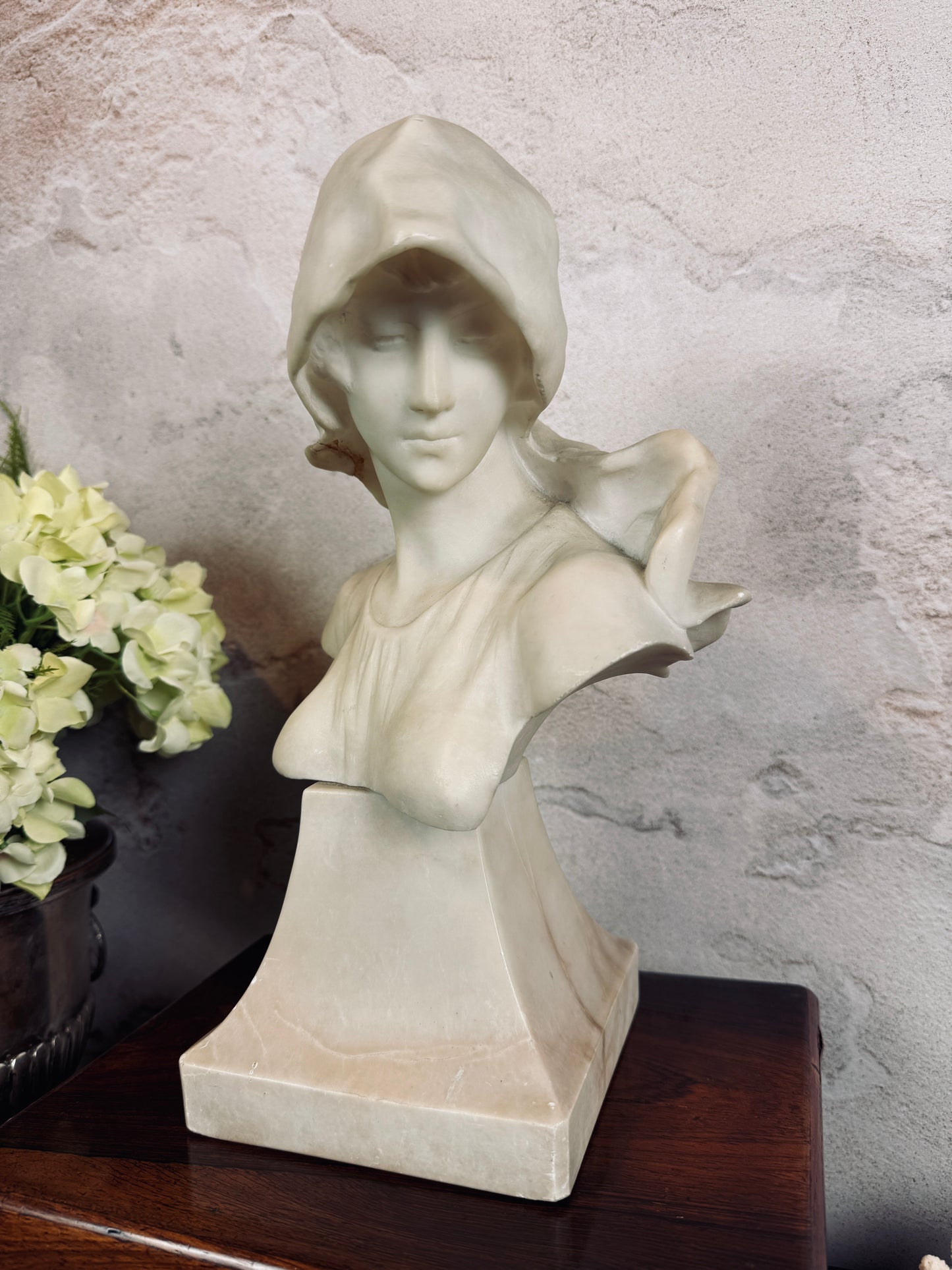 Antique Art Nouveau alabaster bust of hooded maiden, signed