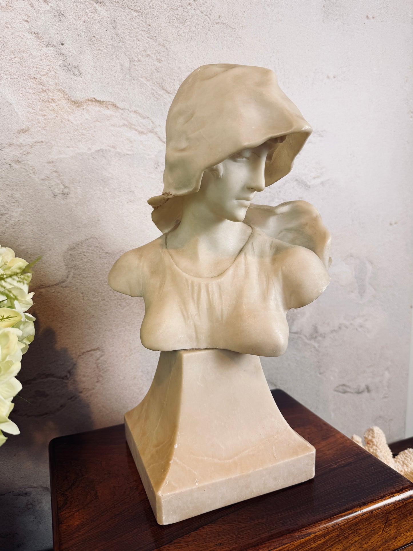 Antique Art Nouveau alabaster bust of hooded maiden, signed