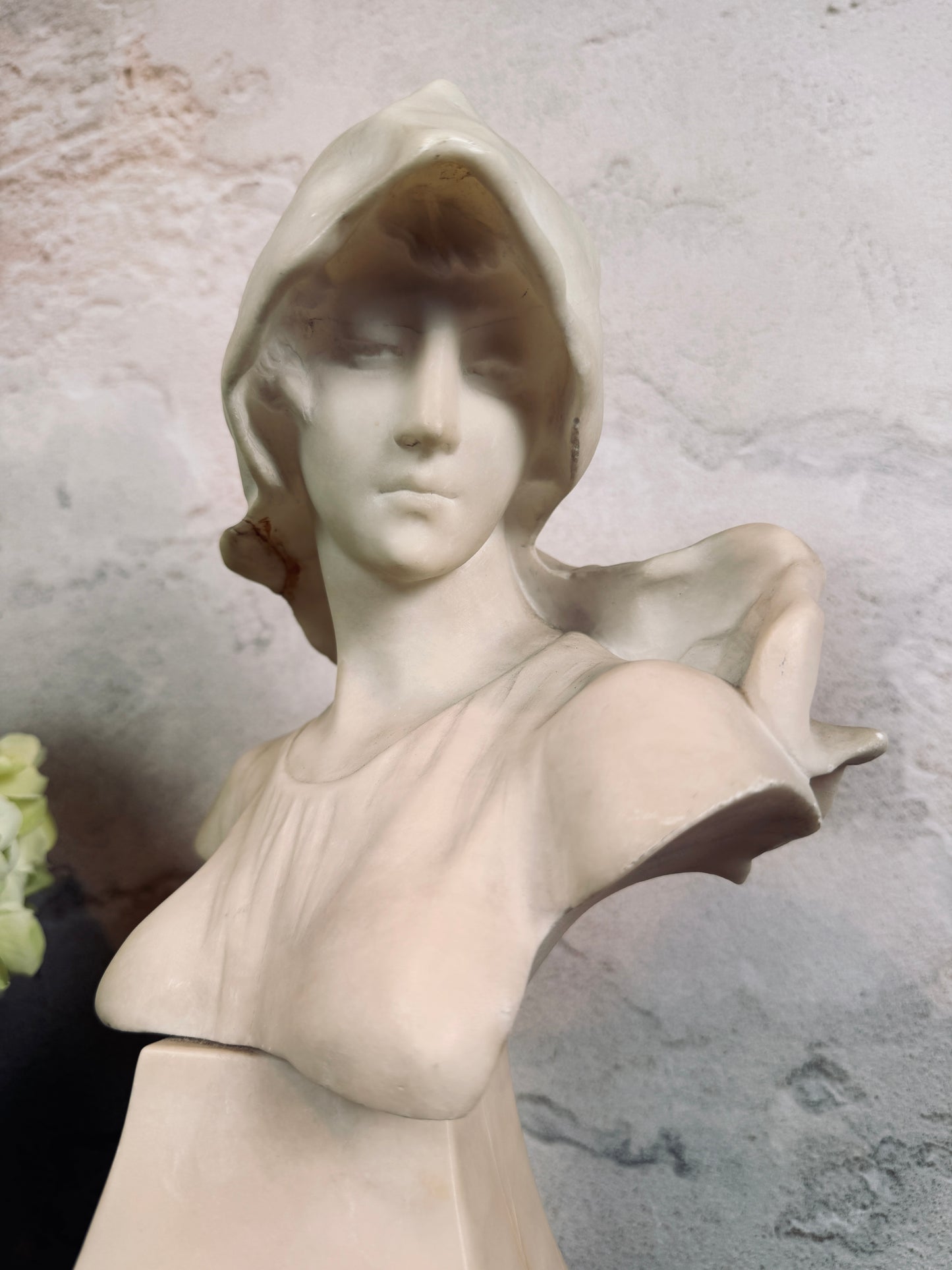 Antique Art Nouveau alabaster bust of hooded maiden, signed