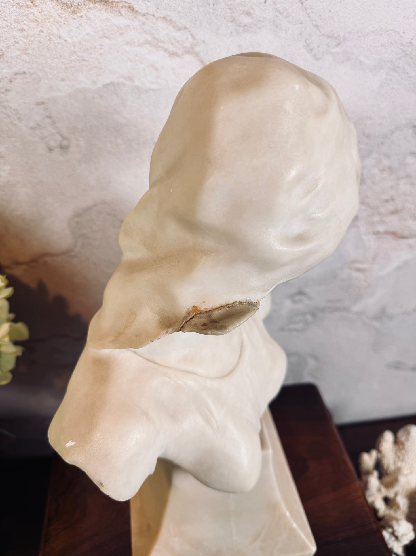 Antique Art Nouveau alabaster bust of hooded maiden, signed