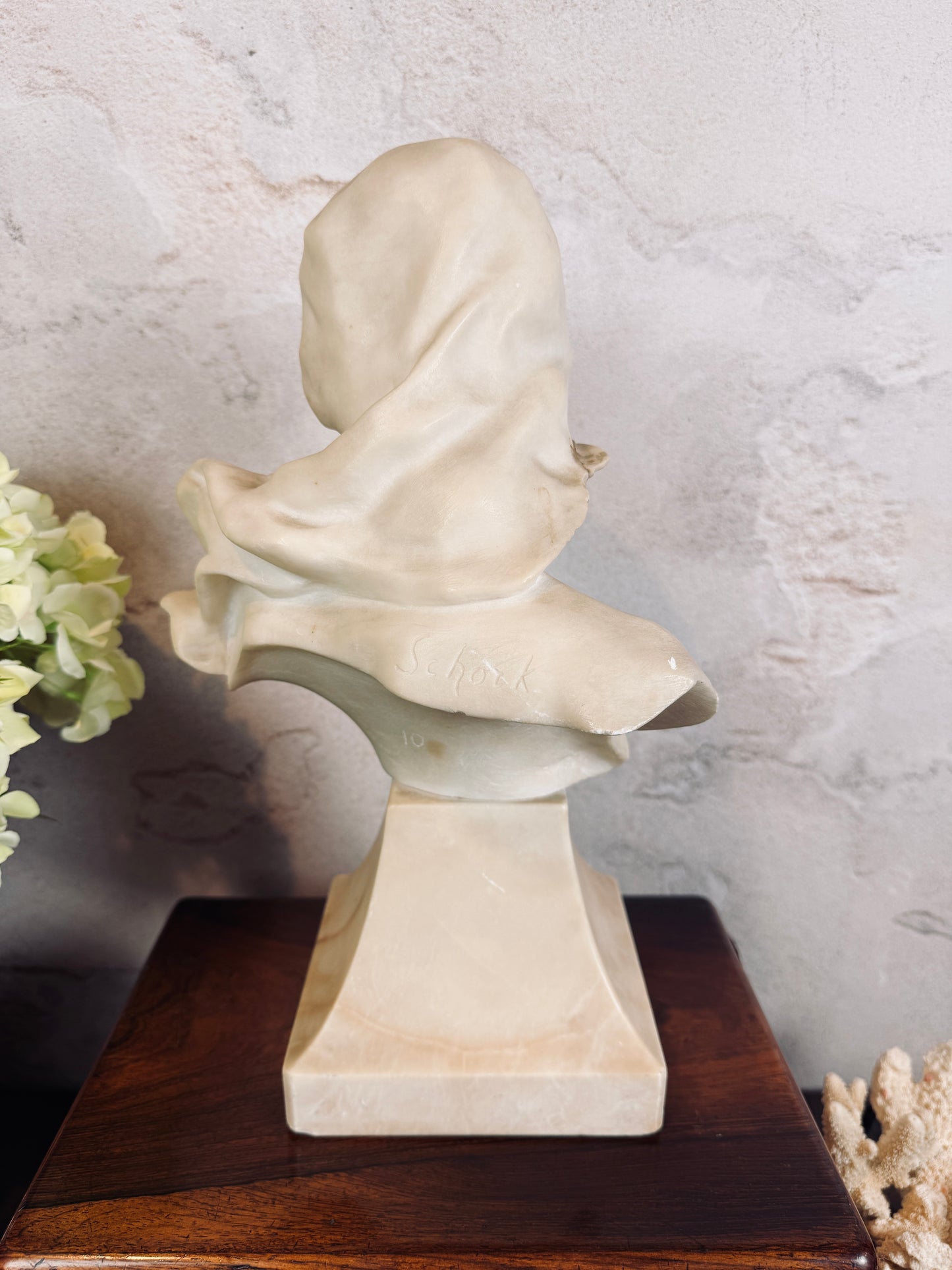 Antique Art Nouveau alabaster bust of hooded maiden, signed