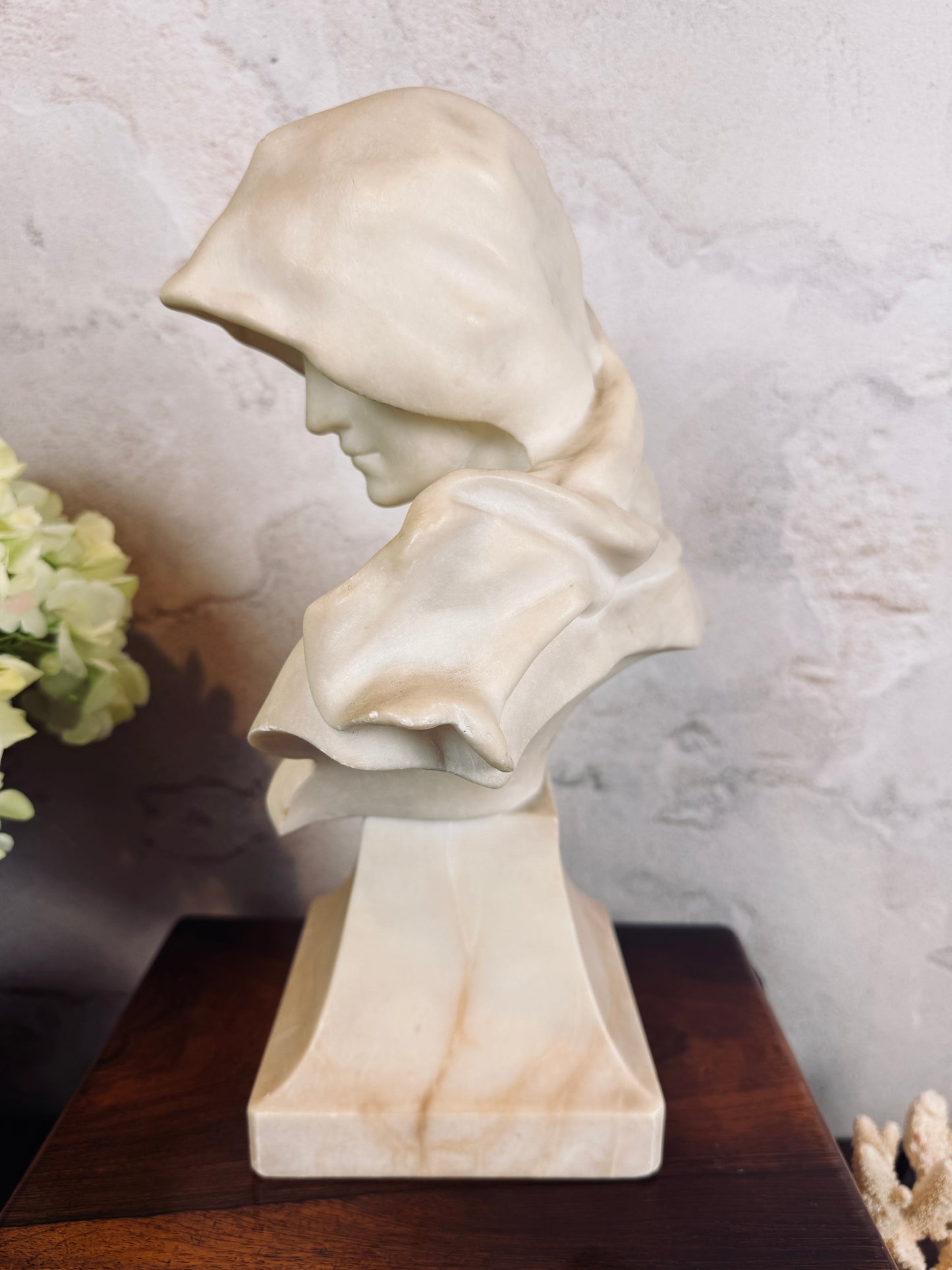 Antique Art Nouveau alabaster bust of hooded maiden, signed