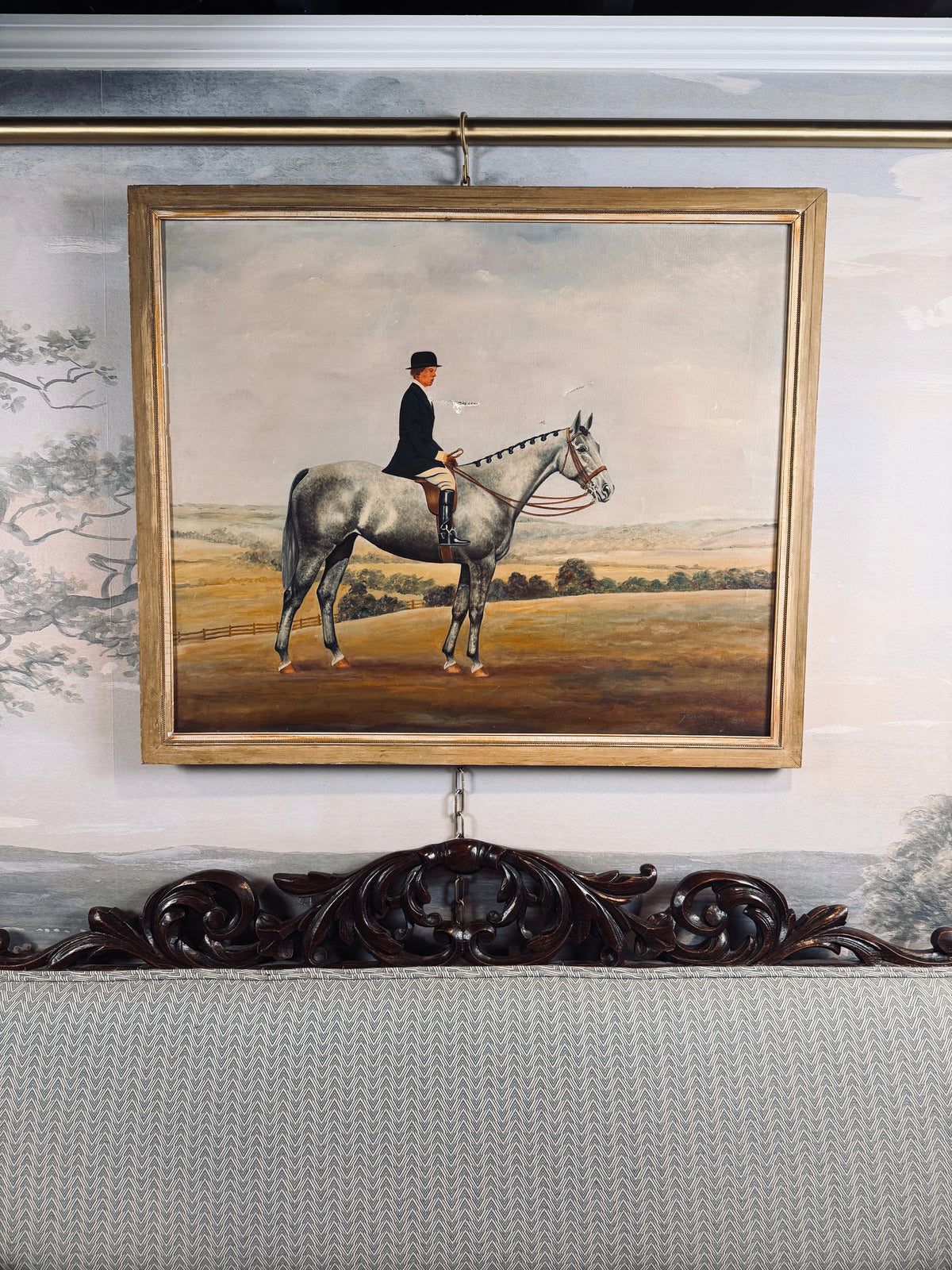 Equestrian on dappled grey horse, signed JC Johnston, oil on canvas