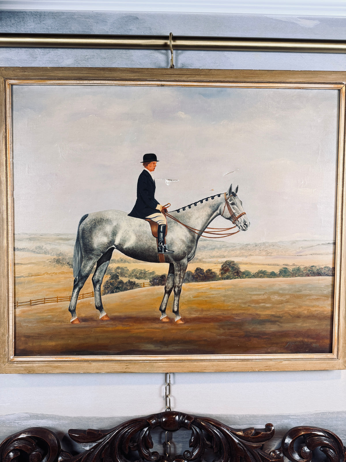 Equestrian on dappled grey horse, signed JC Johnston, oil on canvas