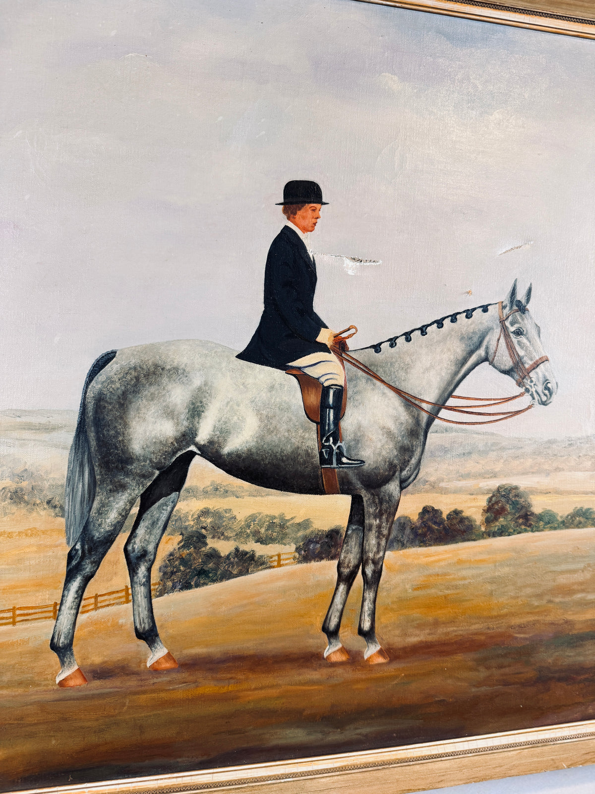 Equestrian on dappled grey horse, signed JC Johnston, oil on canvas