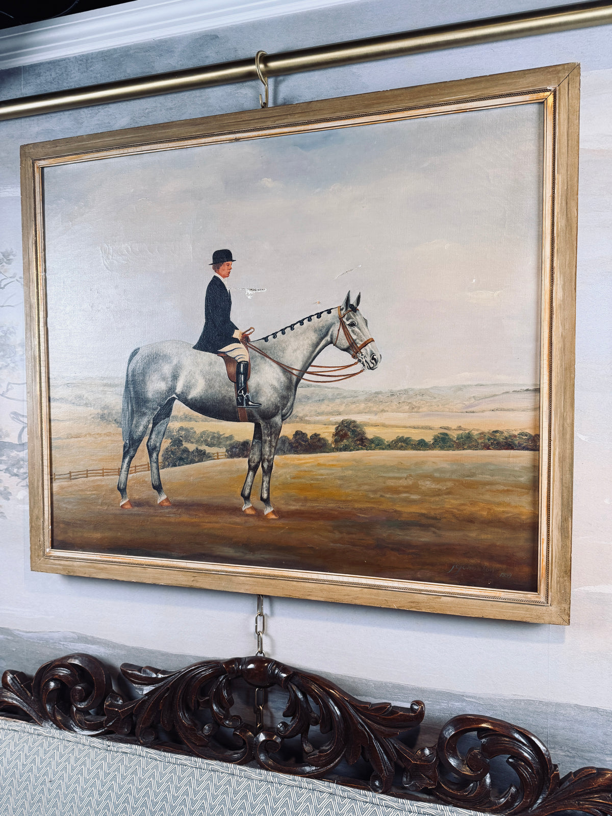Equestrian on dappled grey horse, signed JC Johnston, oil on canvas
