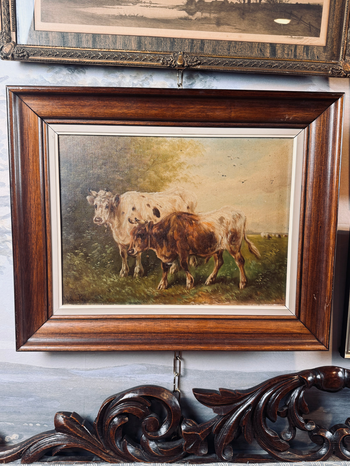 Antique cows in a muted pasture, signed, oil on canvas