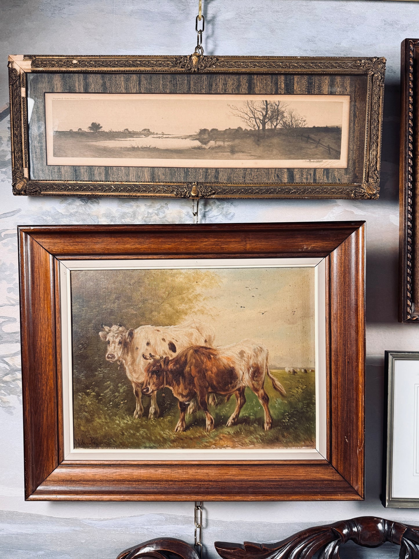 Antique cows in a muted pasture, signed, oil on canvas