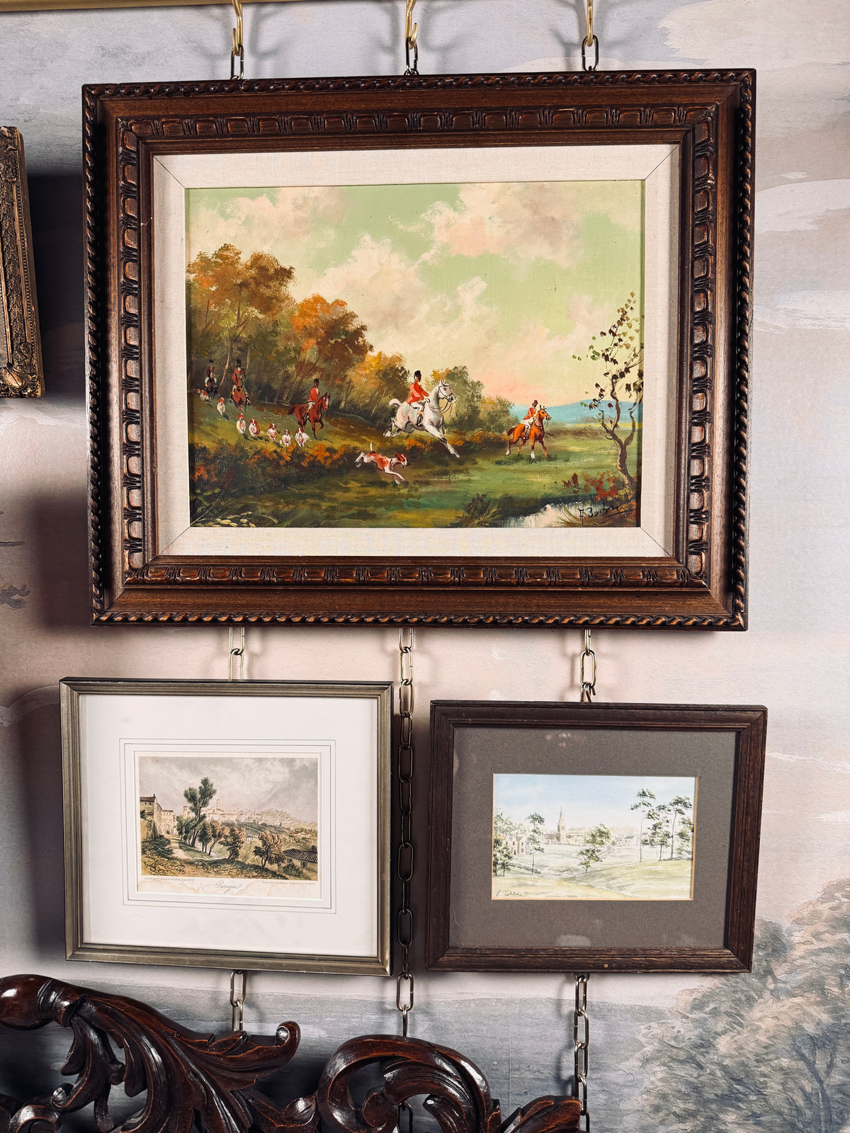 Vintage Italian equestrian hunt scene, oil on canvas