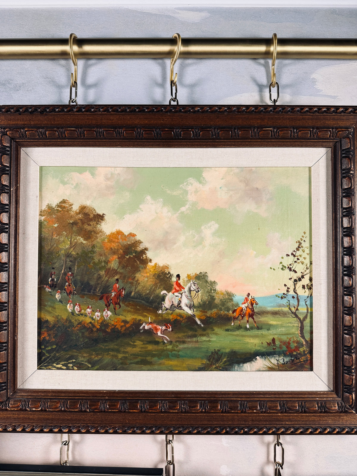 Vintage Italian equestrian hunt scene, oil on canvas