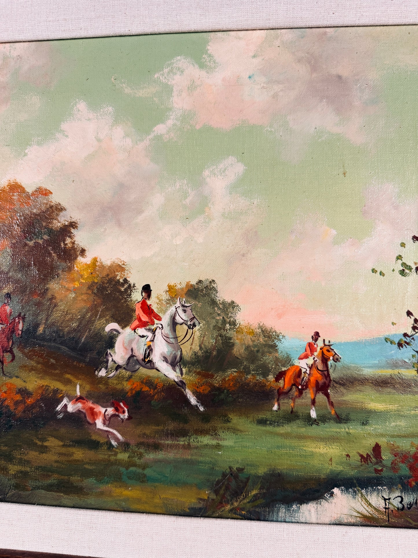 Vintage Italian equestrian hunt scene, oil on canvas