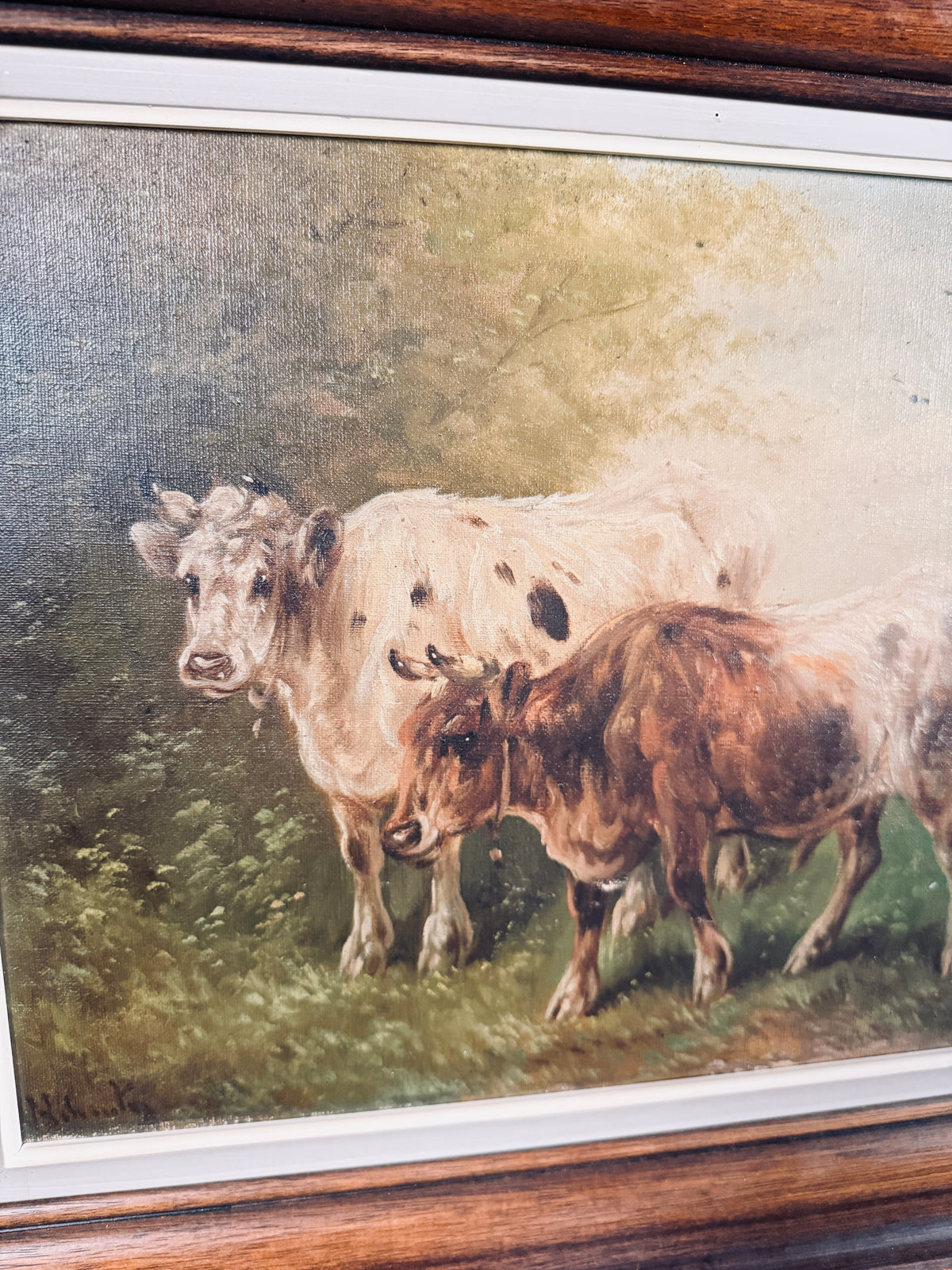 Antique cows in a muted pasture, signed, oil on canvas