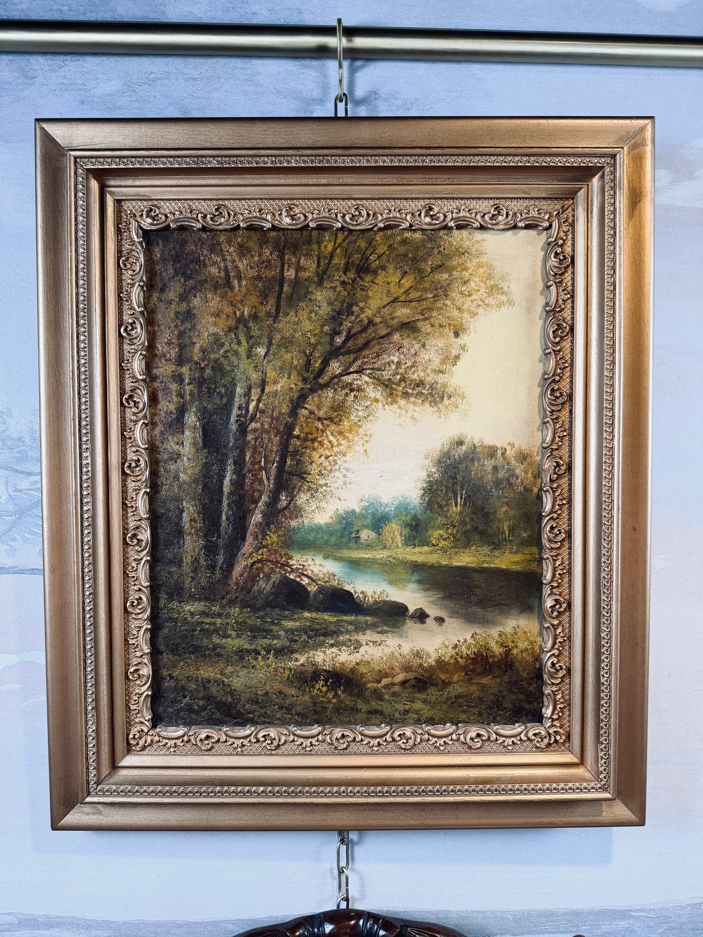 Antique landscape with quiet river under trees, oil on canvas