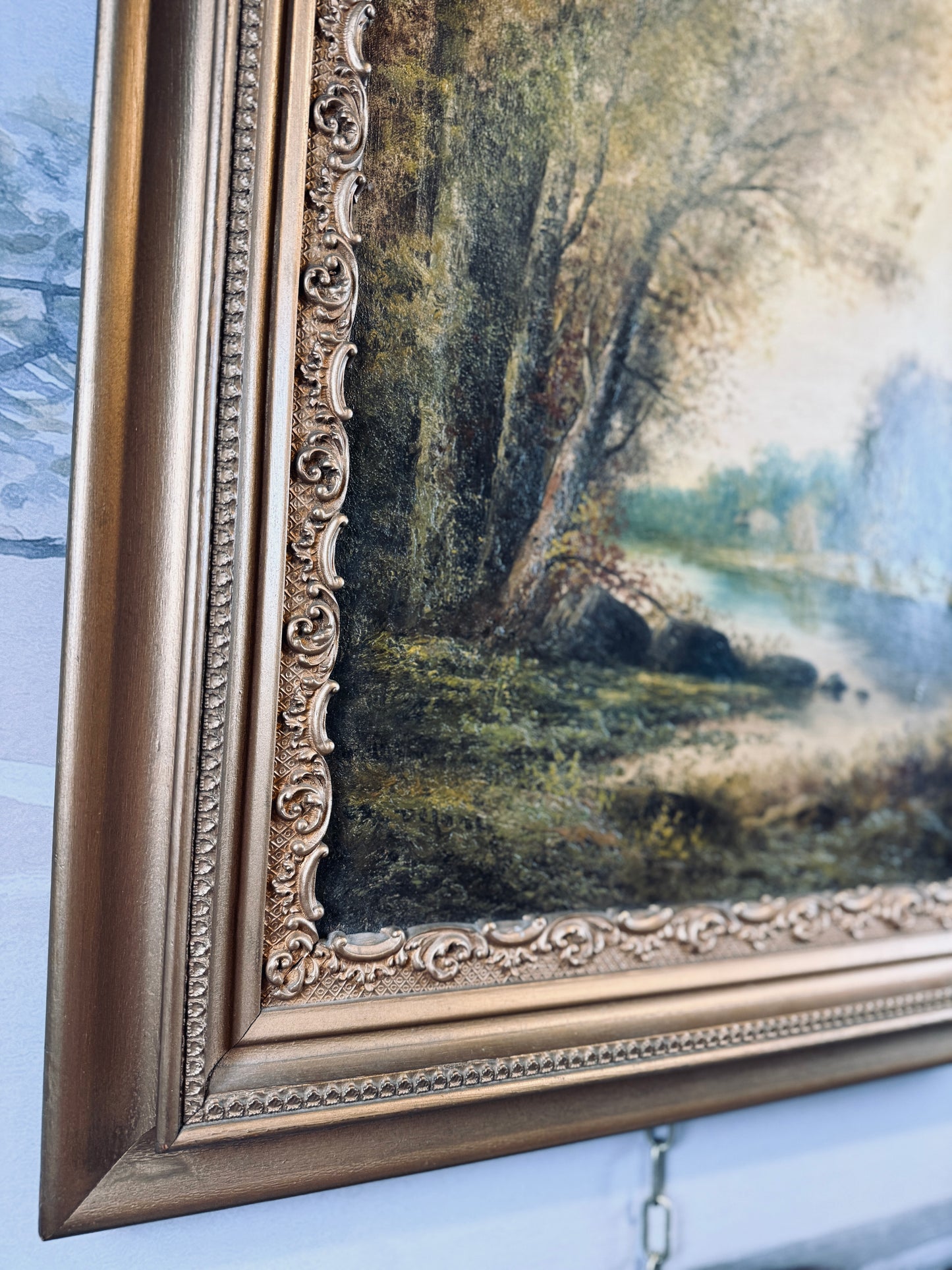 Antique landscape with quiet river under trees, oil on canvas