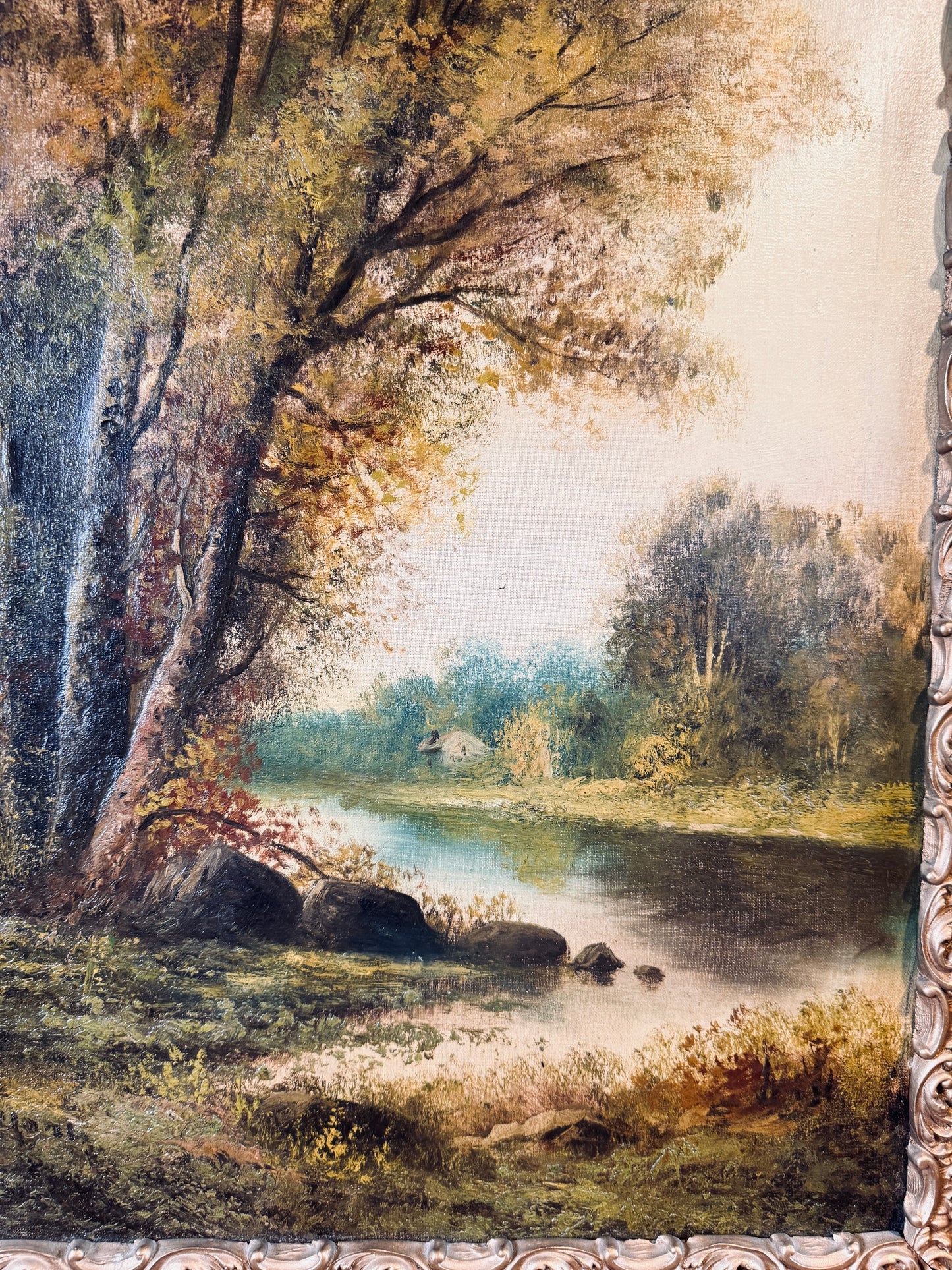 Antique landscape with quiet river under trees, oil on canvas