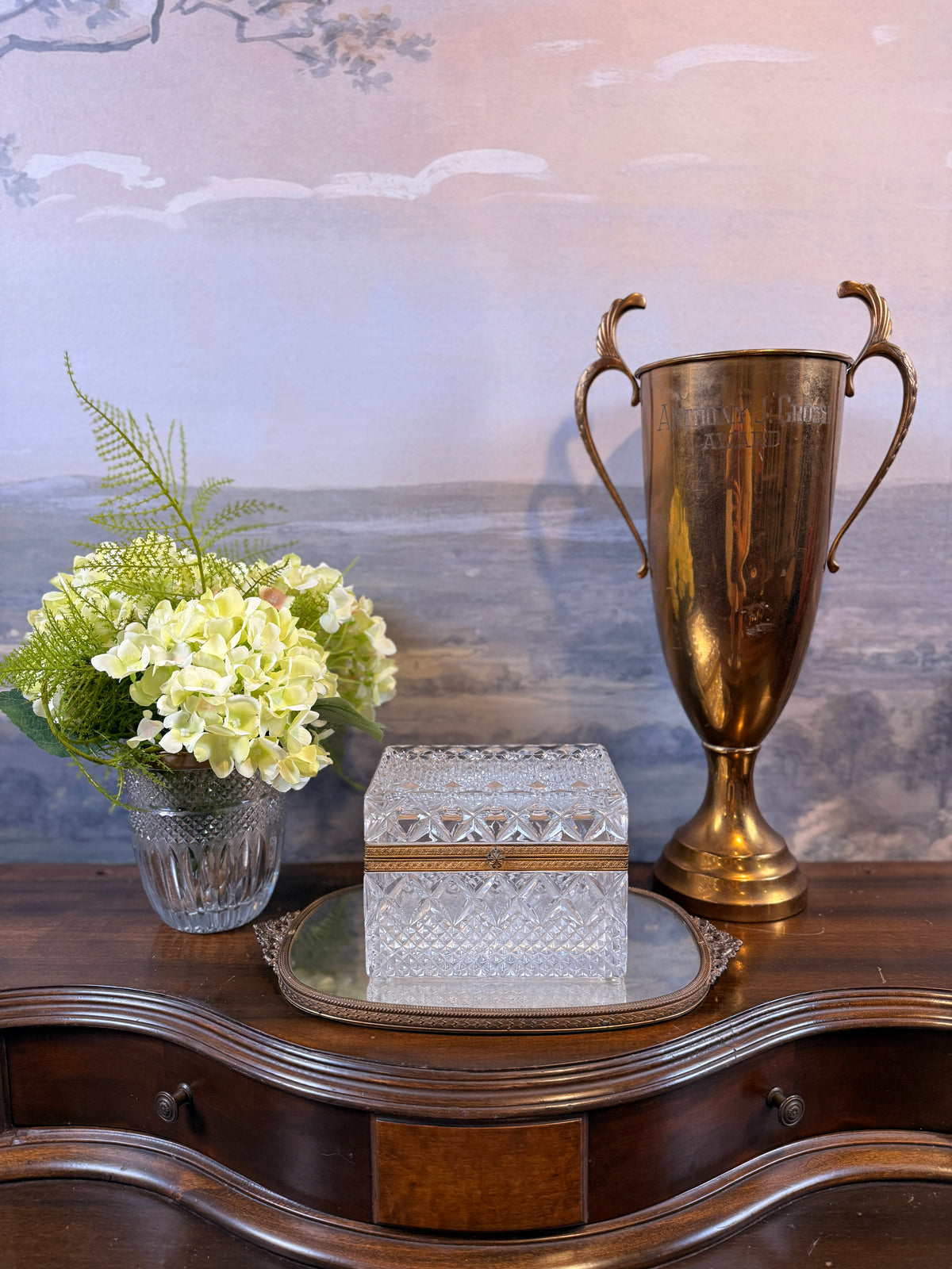 Vintage cut crystal casket with brass mount
