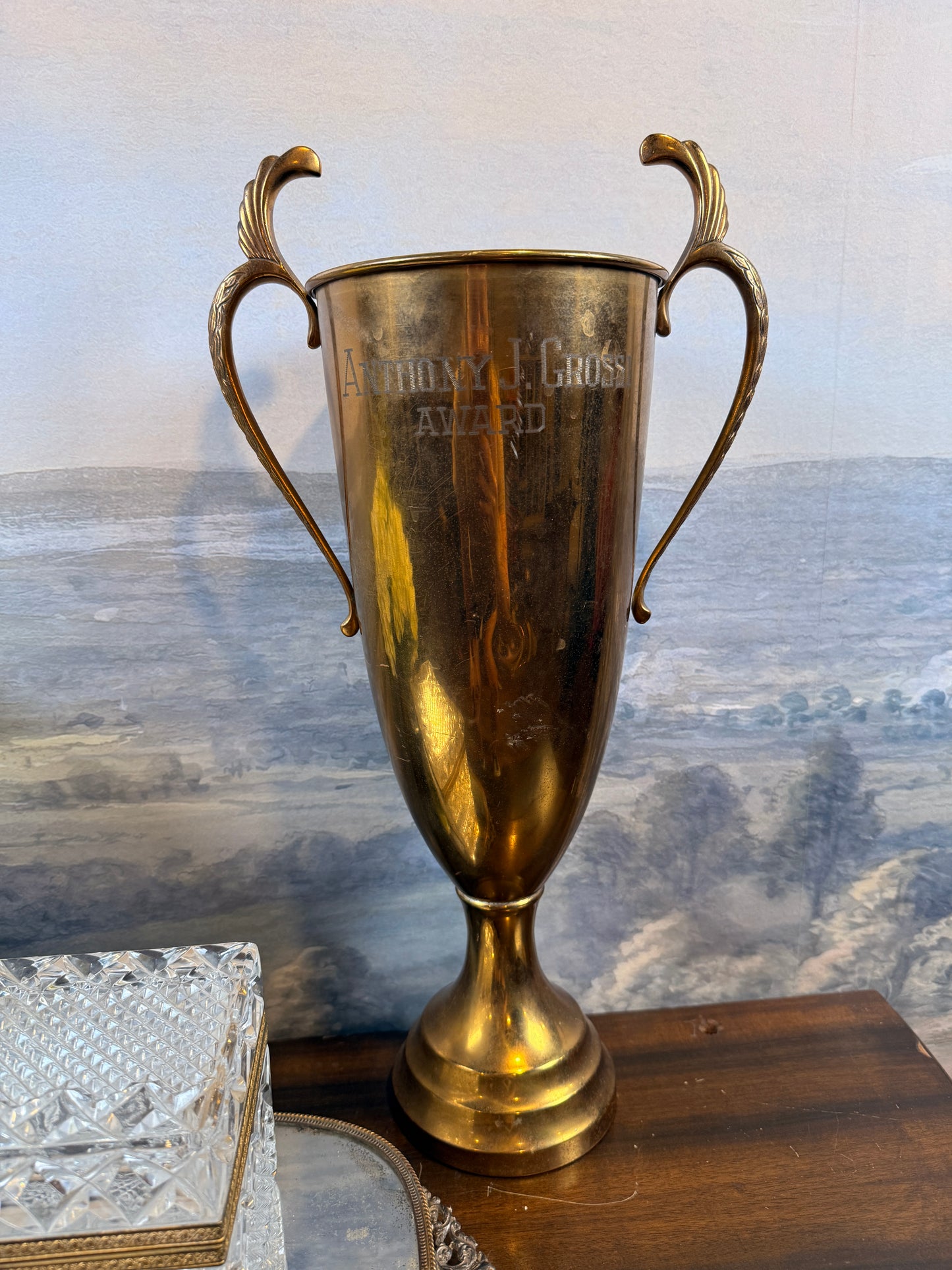 Vintage large brass trophy, engraved "Anthony J. Grossi Award"