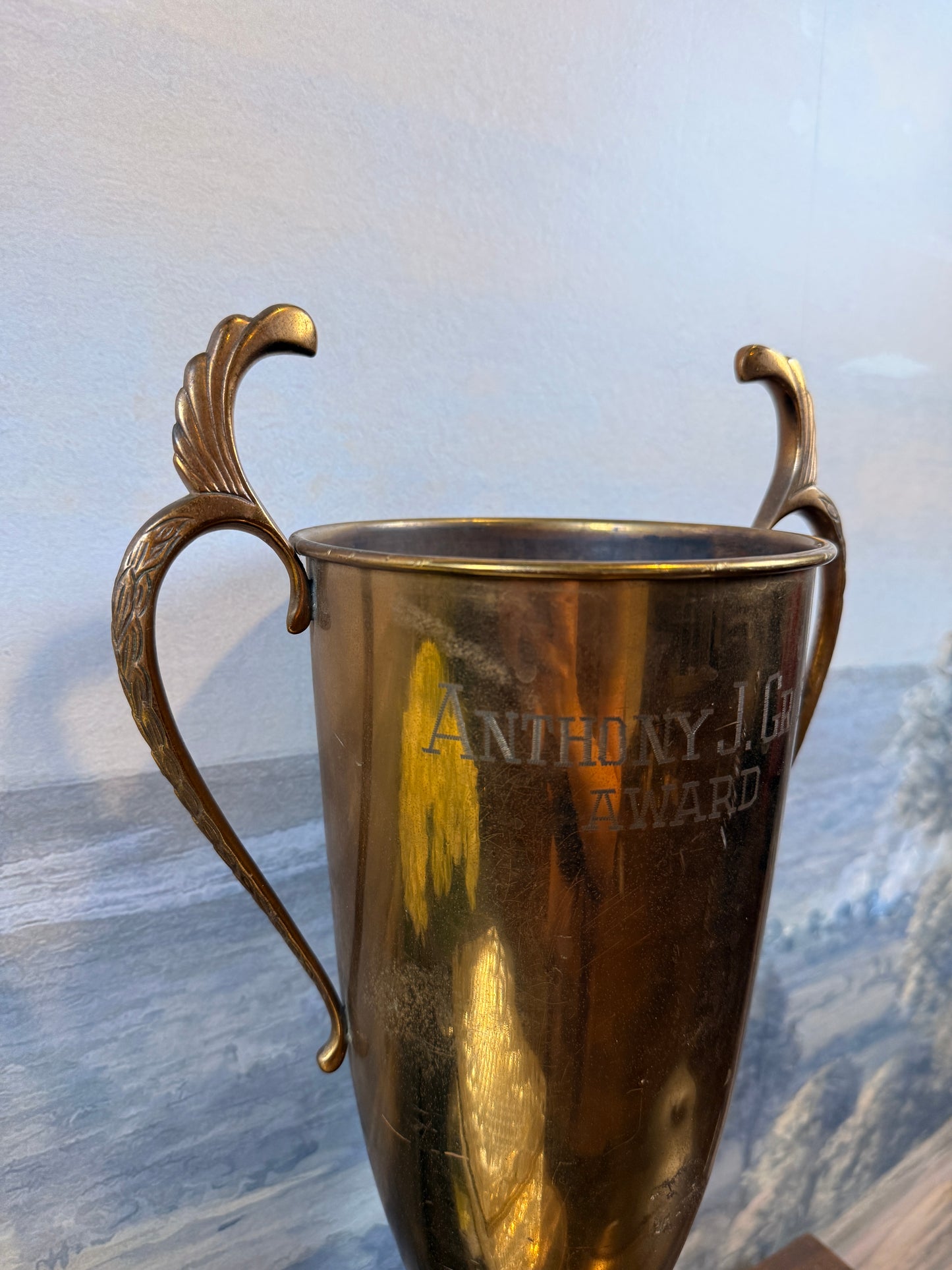 Vintage large brass trophy, engraved "Anthony J. Grossi Award"