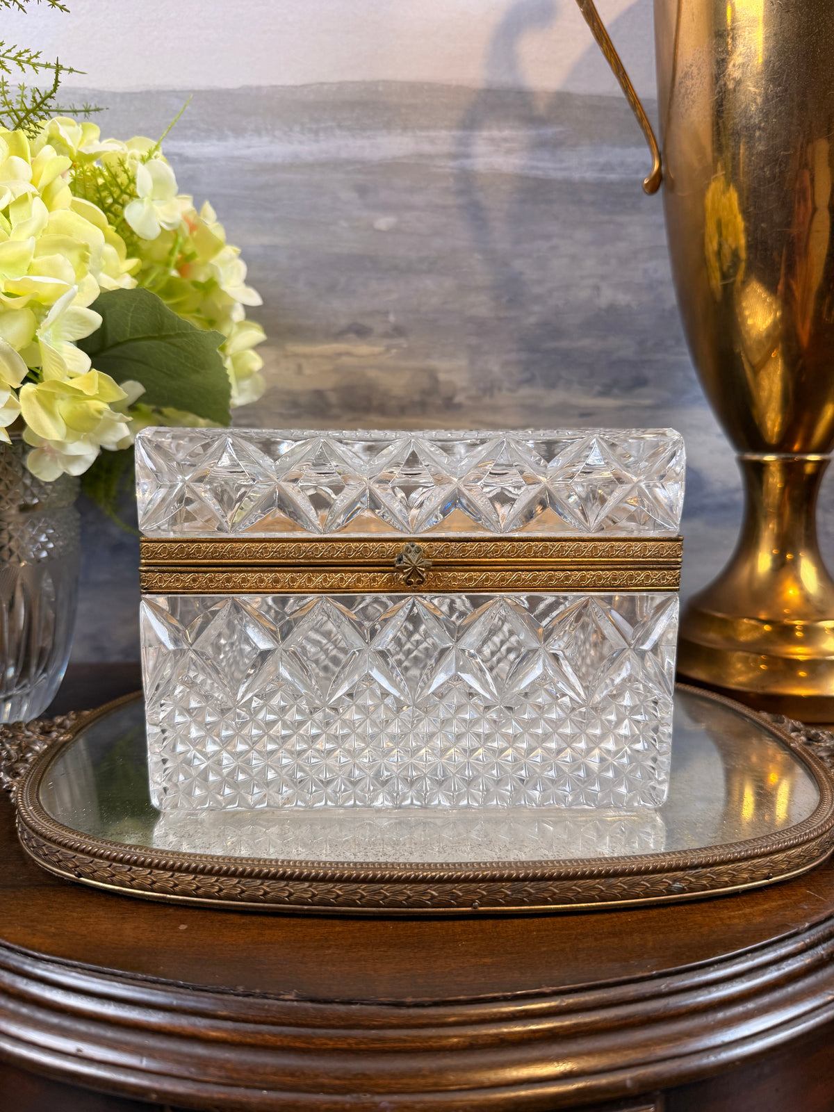 Vintage cut crystal casket with brass mount