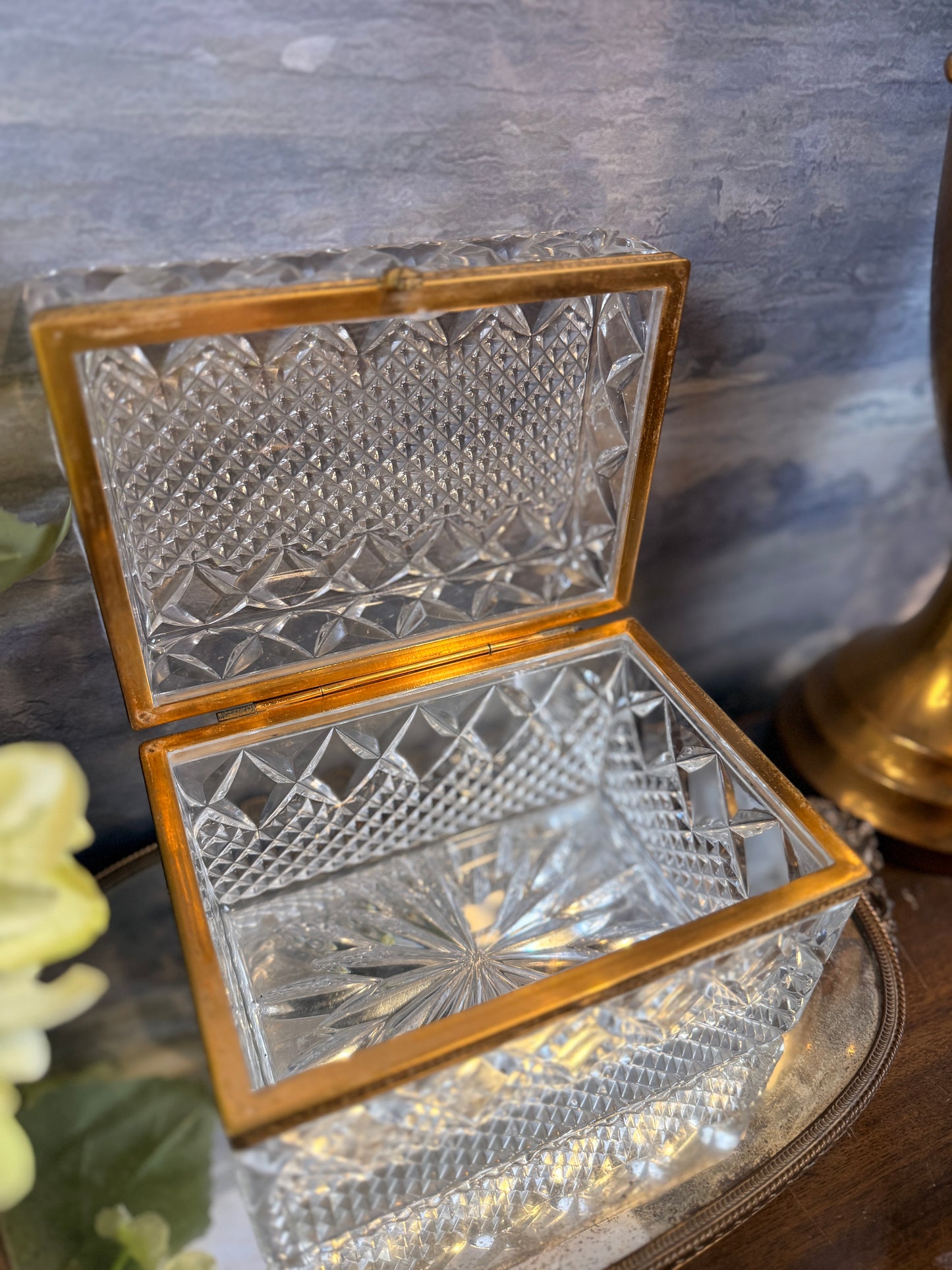 Vintage cut crystal casket with brass mount