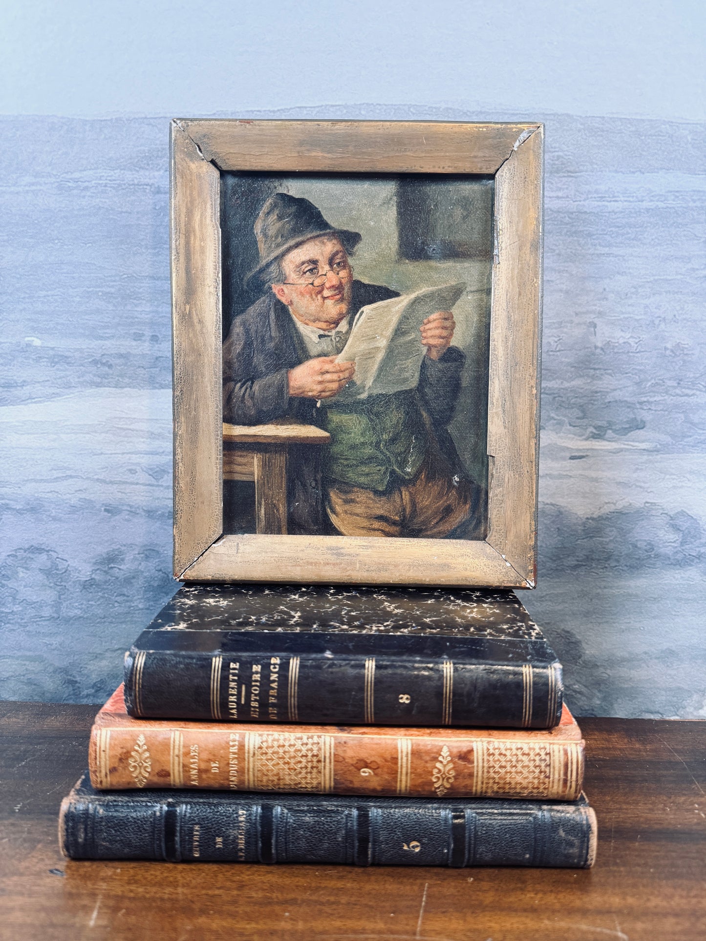 Portrait of man reading the newspaper, oil on canvas