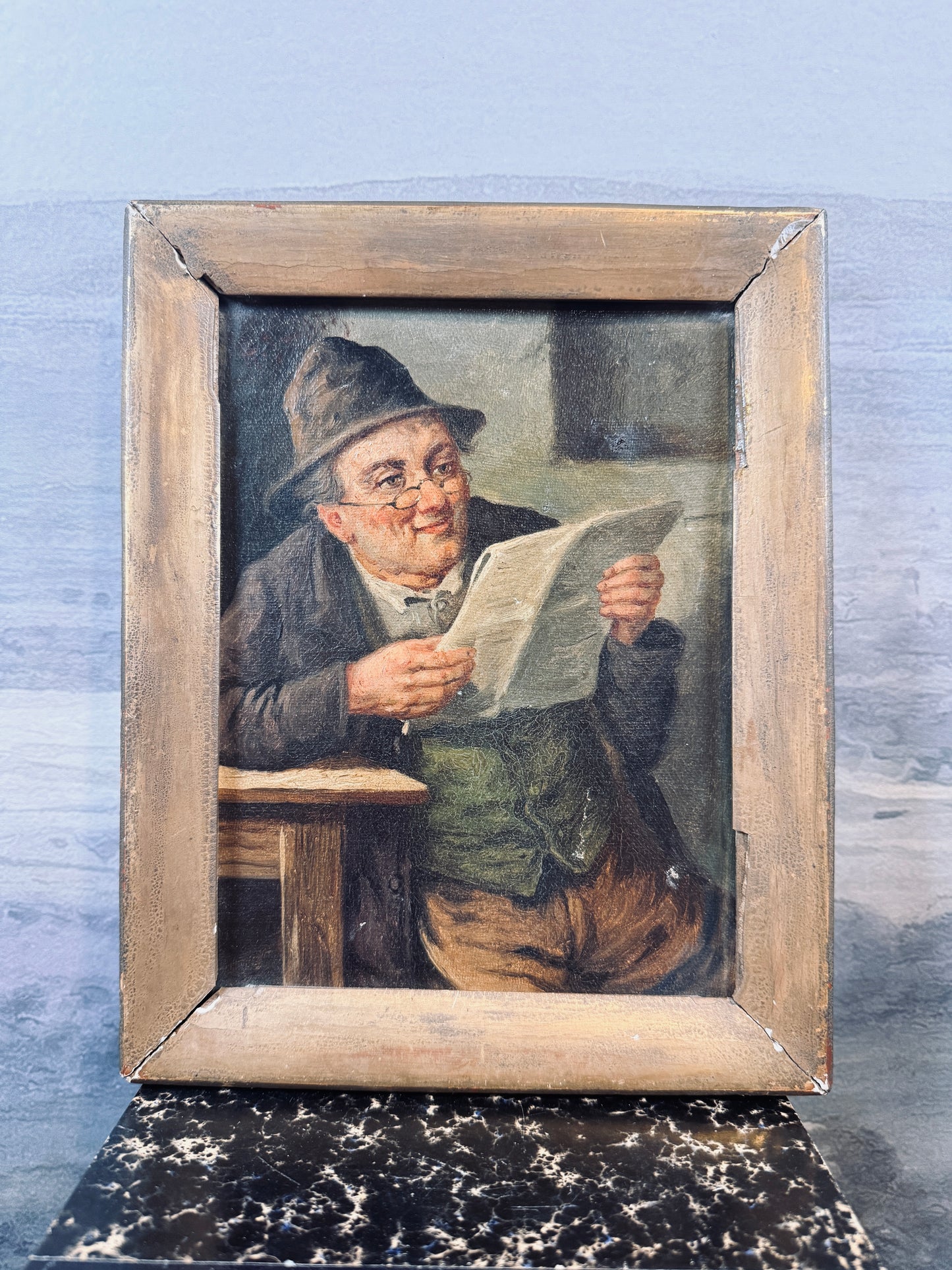 Portrait of man reading the newspaper, oil on canvas
