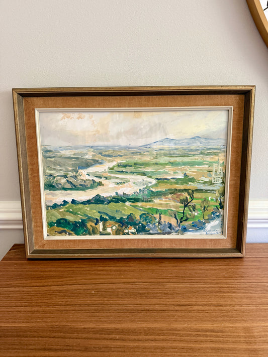 Vintage Eastern European Watercolor Landscape - Rural Valley Scene