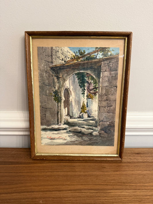 Vintage Watercolor Architectural Study - Mediterranean Stone Archway