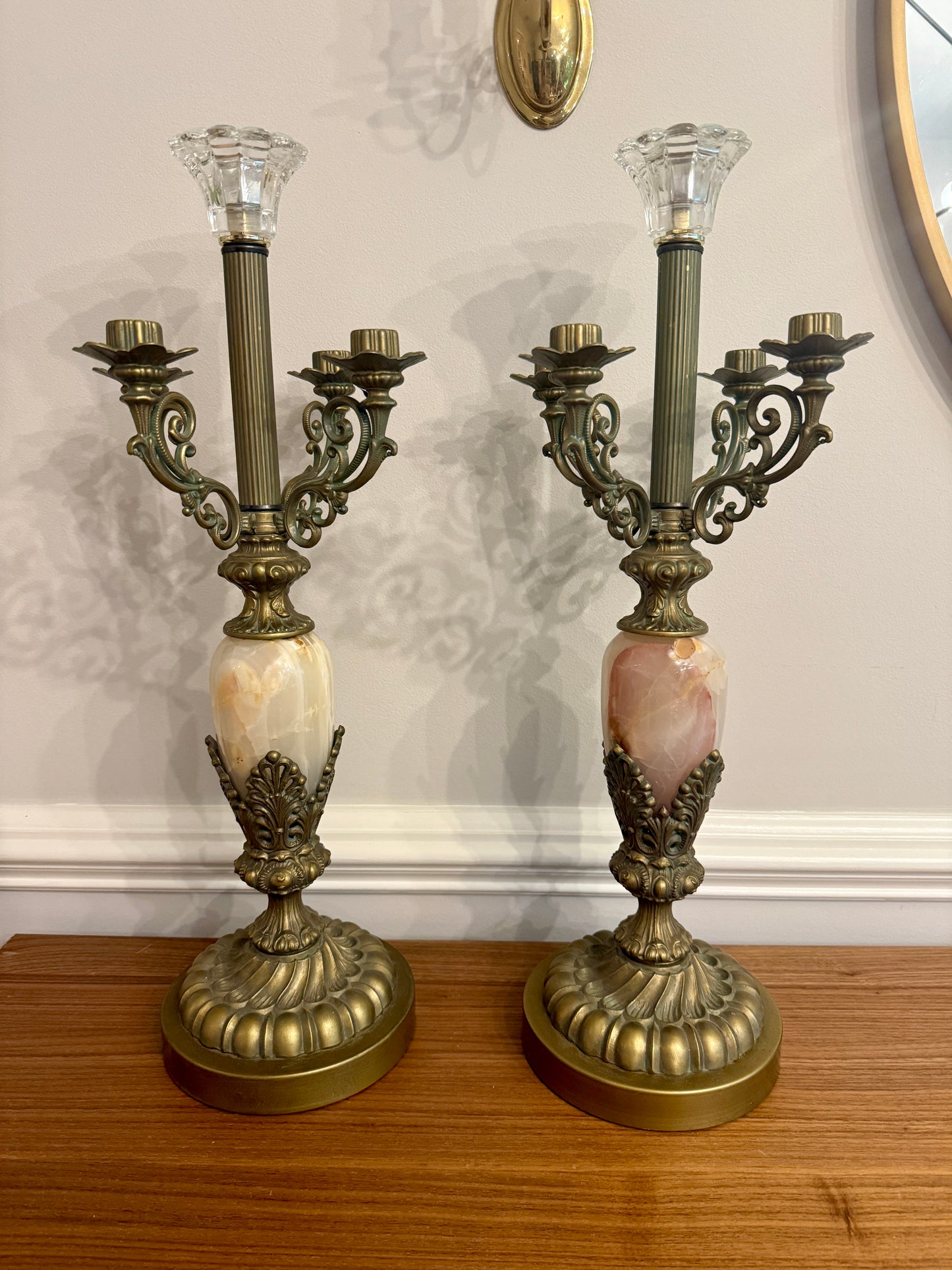 Vintage Alabaster & Brass Five-Light Candelabras (Pair)