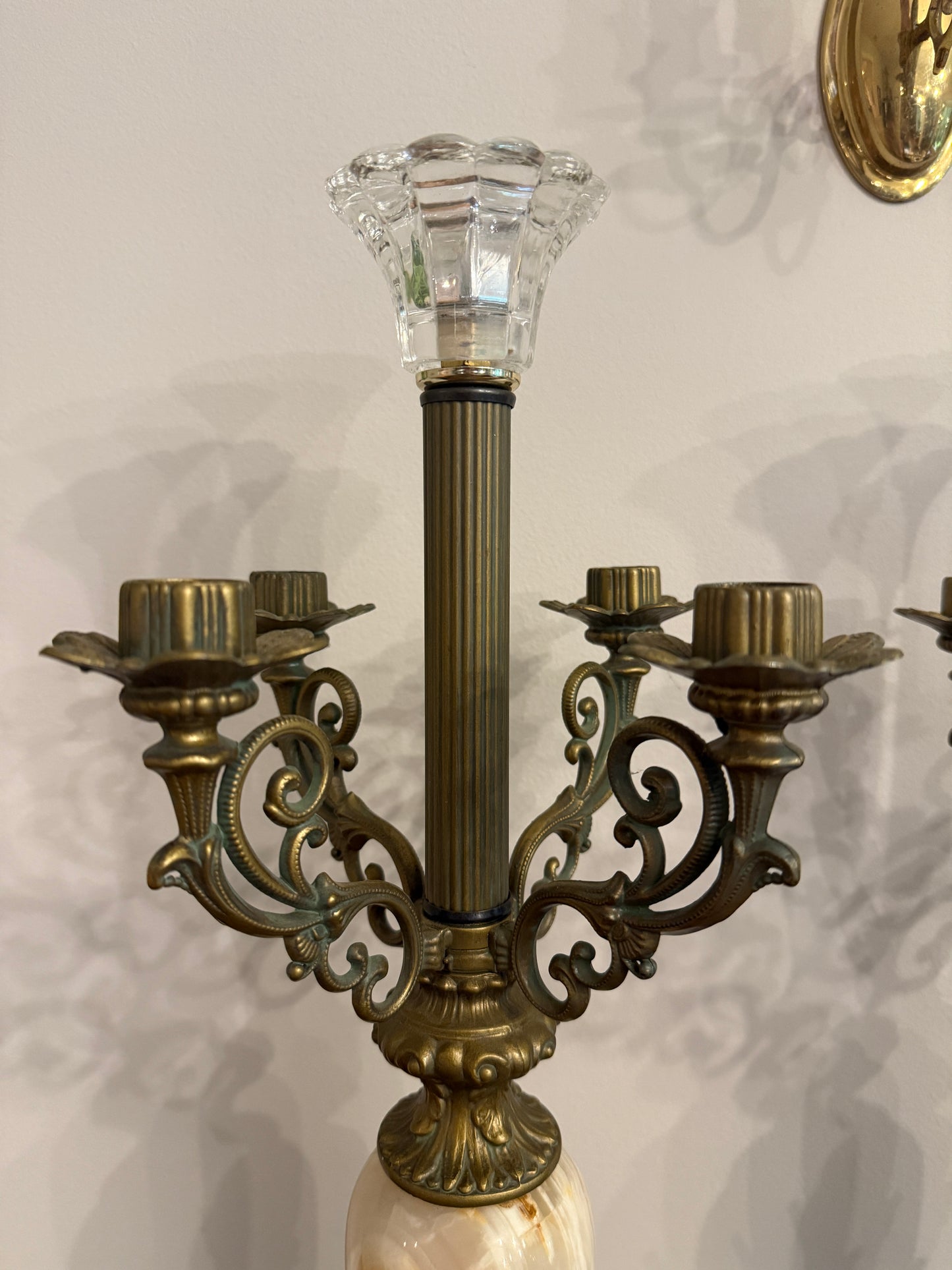 Vintage Alabaster & Brass Five-Light Candelabras (Pair)
