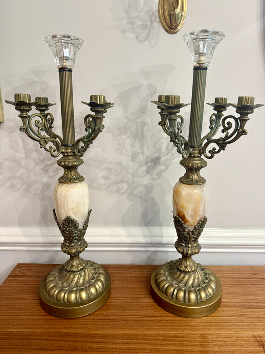 Vintage Alabaster & Brass Five-Light Candelabras (Pair)