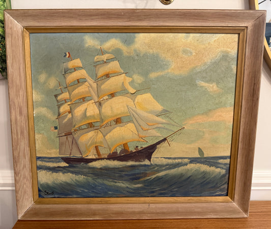 Vintage Maritime Oil on Canvas - Majestic Tall Ship at Sea by Seums