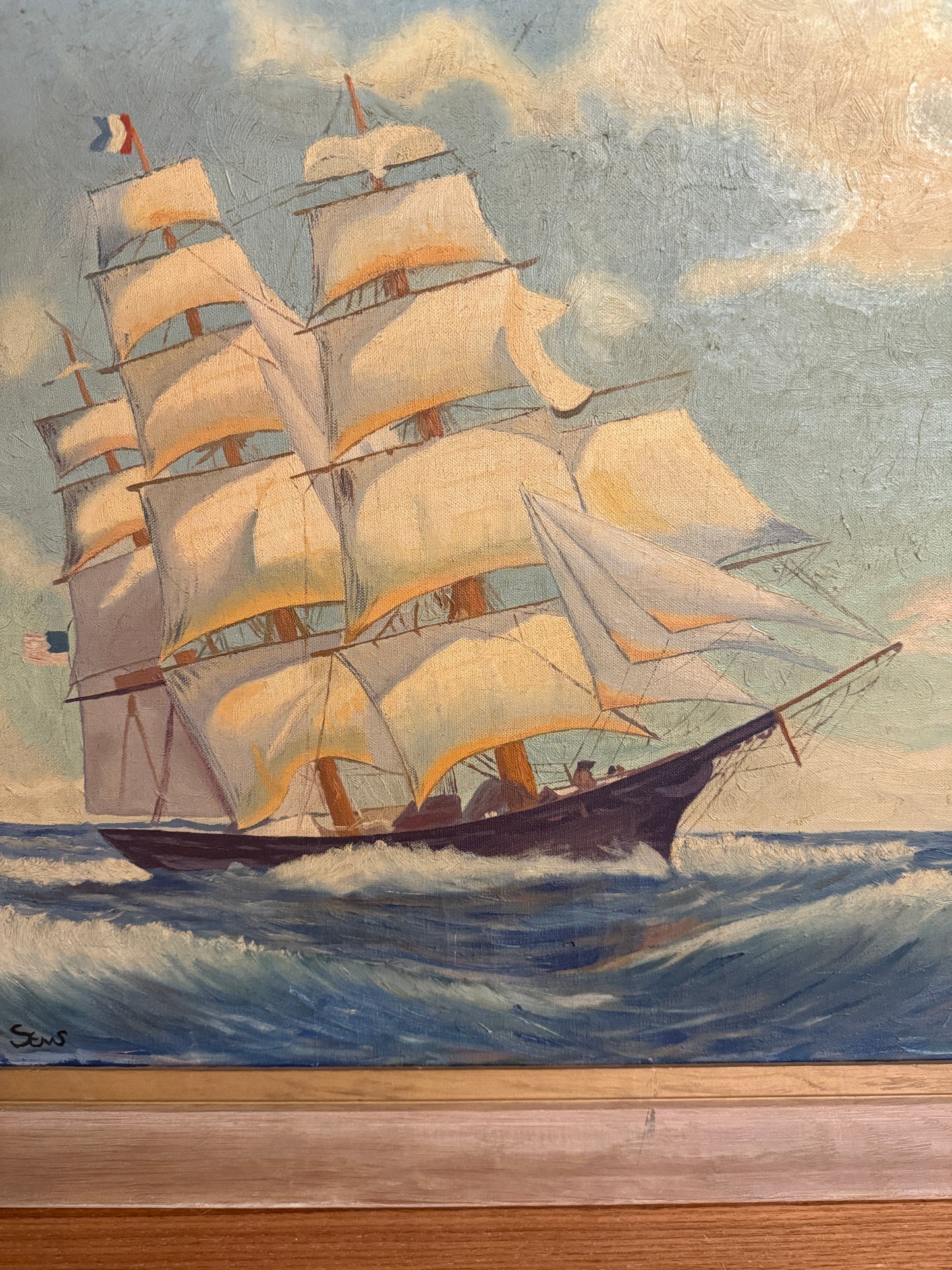 Vintage Maritime Oil on Canvas - Majestic Tall Ship at Sea by Seums