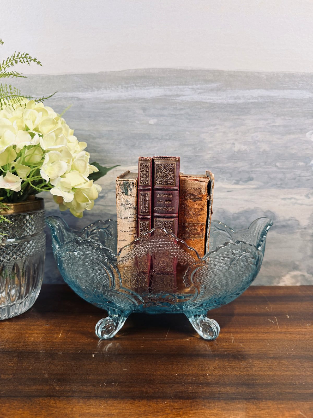 Vintage Jeanette Glass Lombardi light blue footed glass bowl