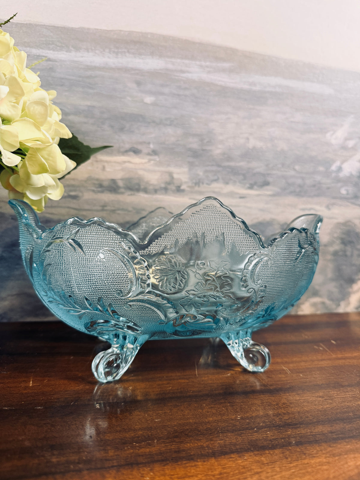 Vintage Jeanette Glass Lombardi light blue footed glass bowl