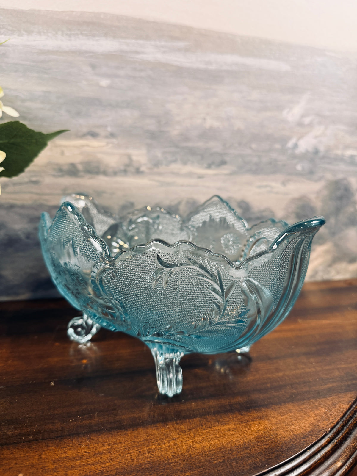 Vintage Jeanette Glass Lombardi light blue footed glass bowl