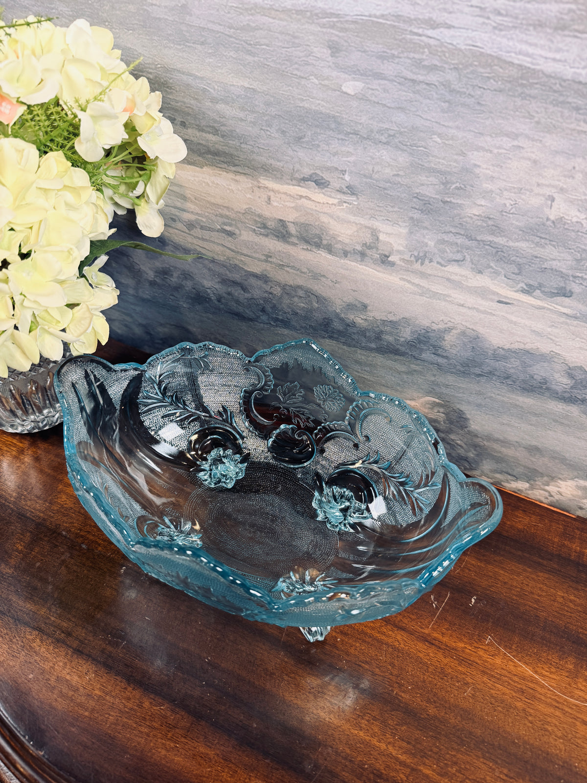 Vintage Jeanette Glass Lombardi light blue footed glass bowl