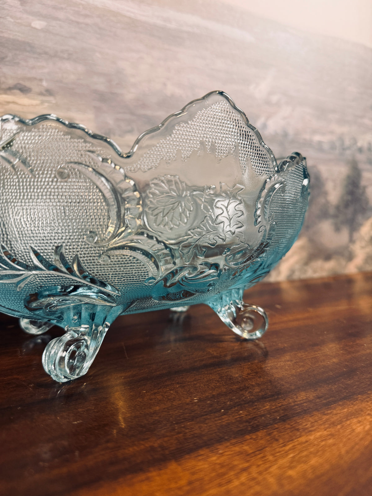 Vintage Jeanette Glass Lombardi light blue footed glass bowl