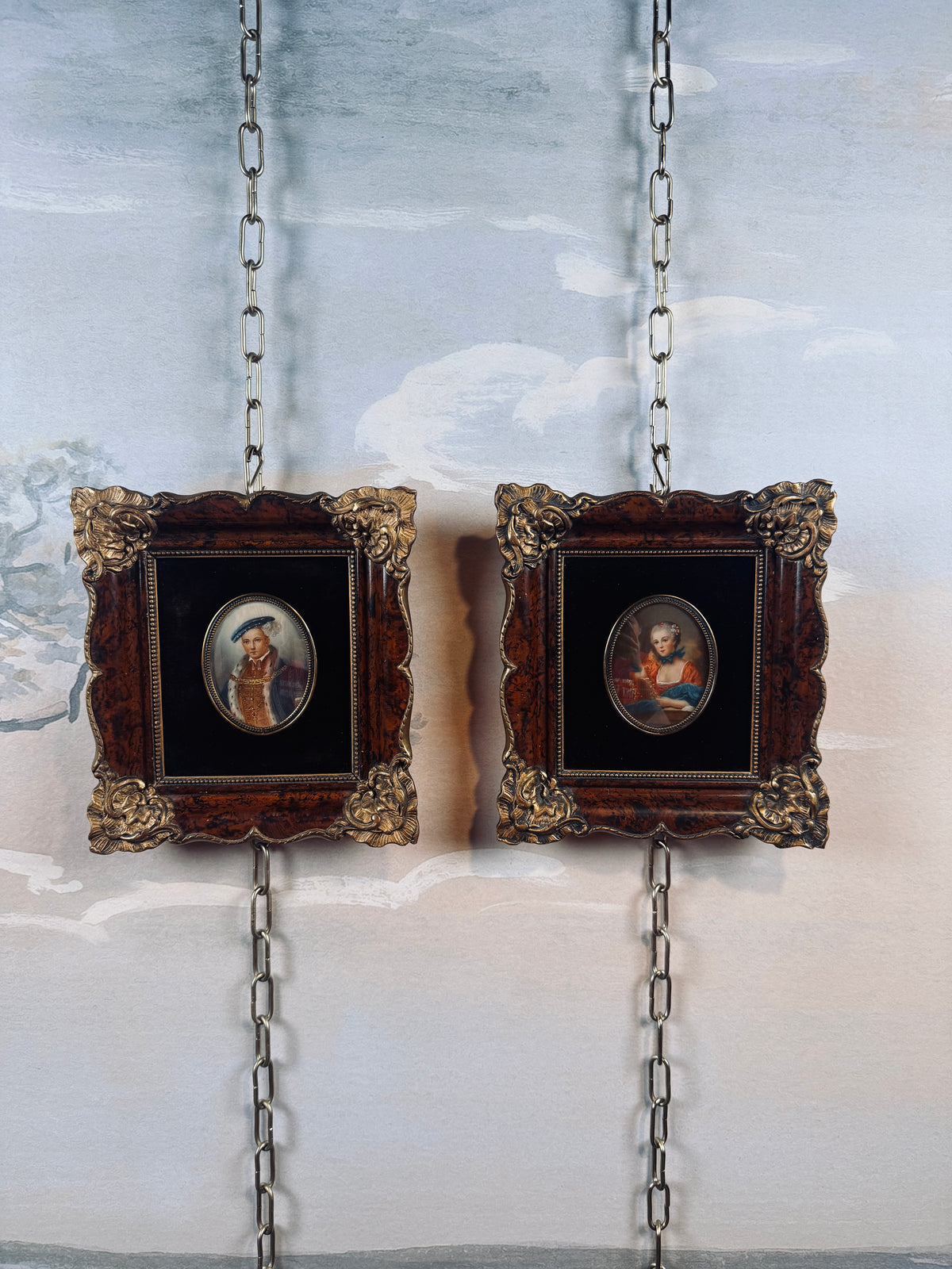 Antique miniature portrait — lady with a birdcage
