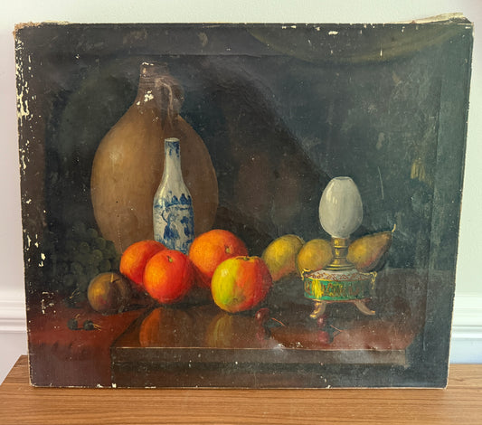 Vintage Still Life Oil Painting - Fruit & Pottery Arrangement on Canvas