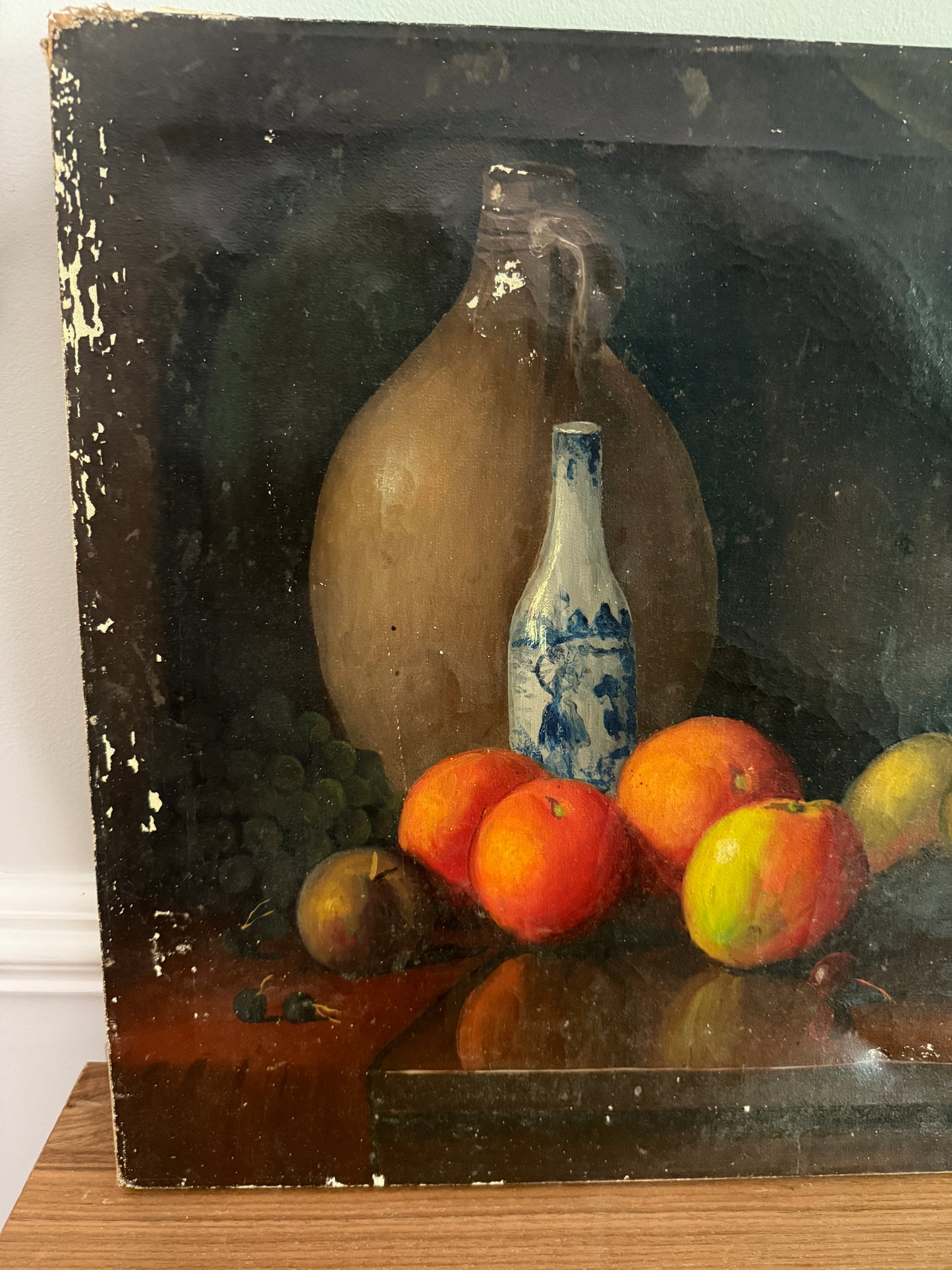Vintage Still Life Oil Painting - Fruit & Pottery Arrangement on Canvas
