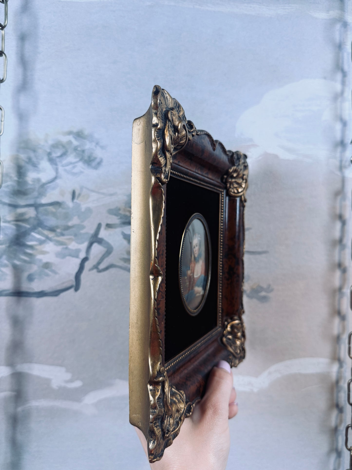 Antique miniature portrait — lady with a birdcage