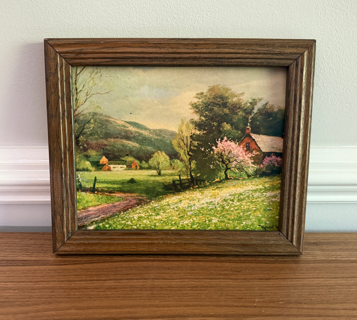 Vintage Framed Country Landscape Print - Rustic Farmhouse Scene with Blooming Trees
