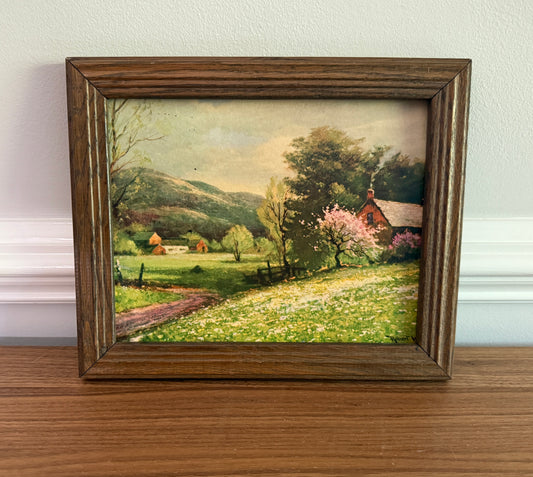 Vintage Framed Country Landscape Print - Rustic Farmhouse Scene with Blooming Trees