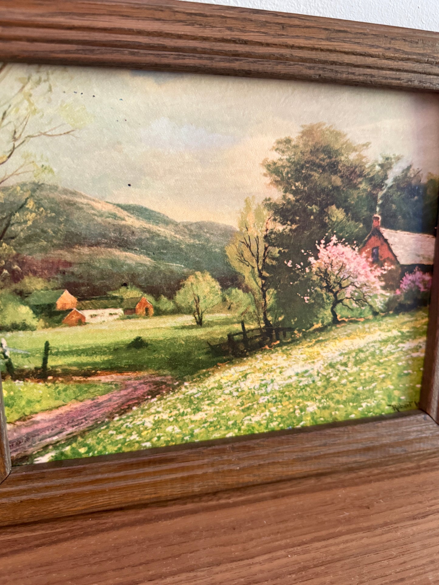Vintage Framed Country Landscape Print - Rustic Farmhouse Scene with Blooming Trees