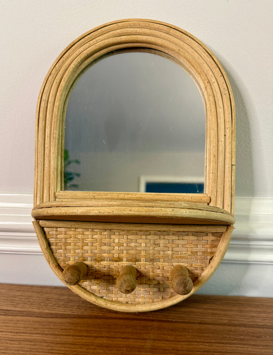 Bamboo Rattan Mini Wall Mirror with Shelf and Pegs