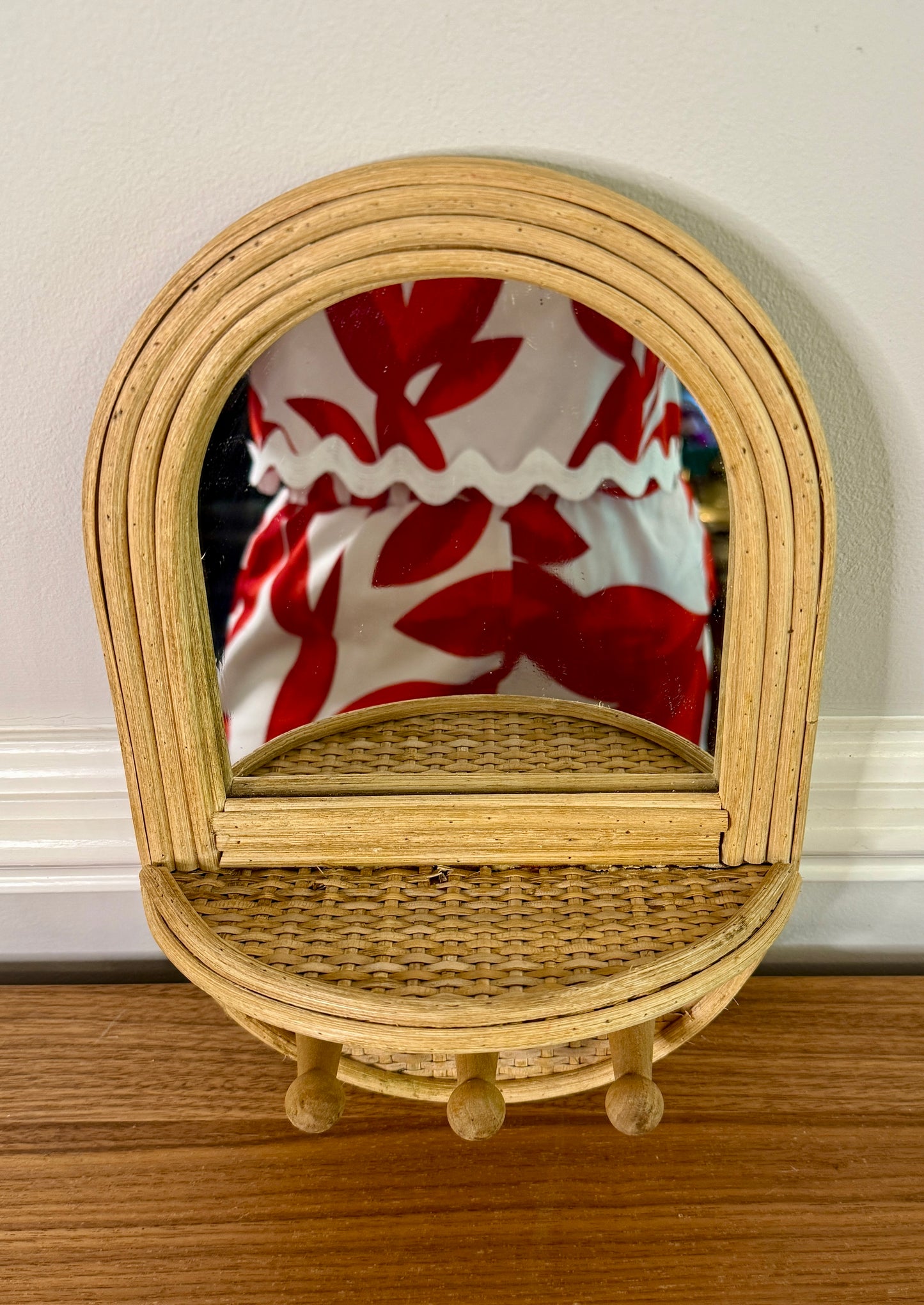 Bamboo Rattan Mini Wall Mirror with Shelf and Pegs