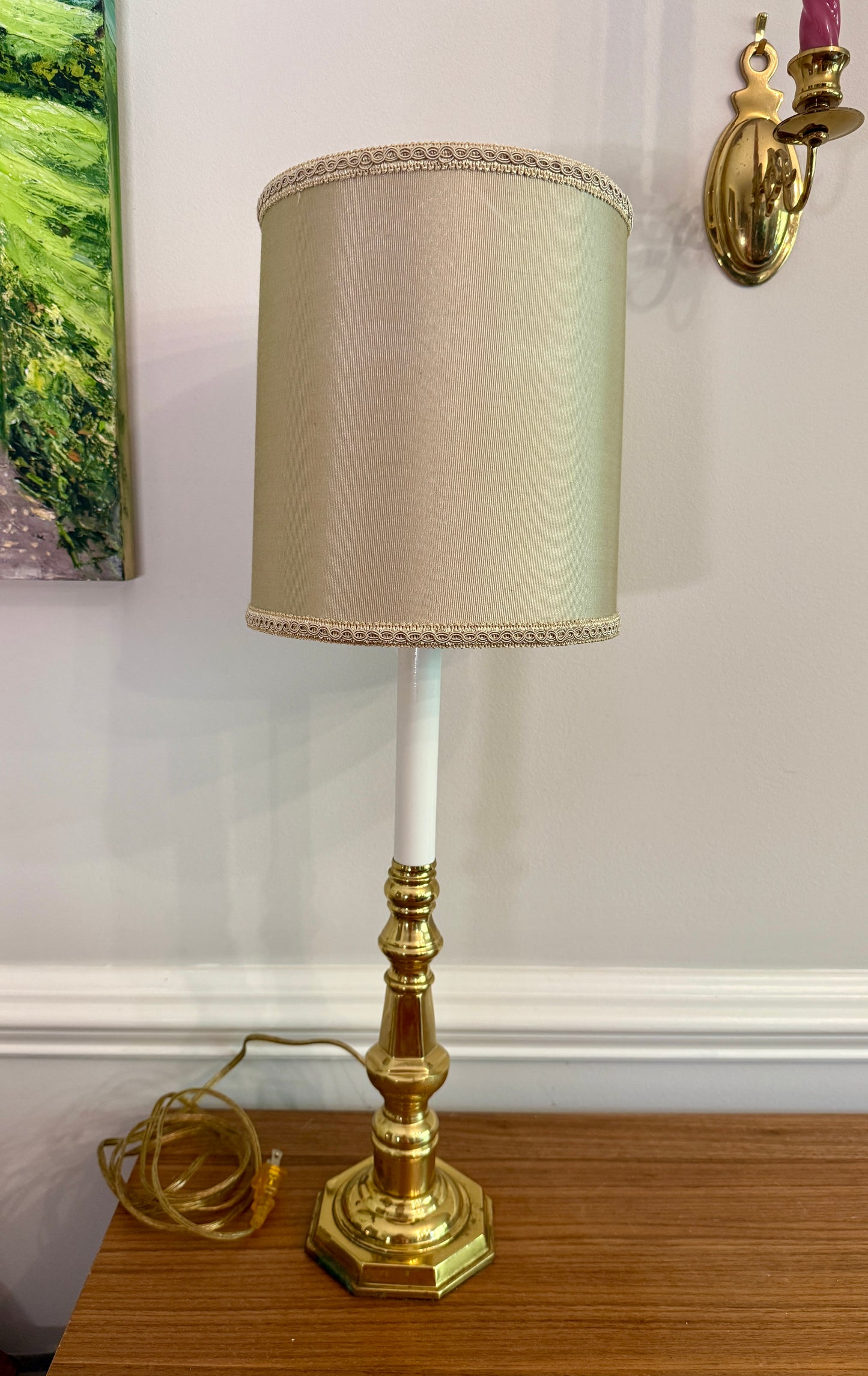 Vintage Brass Candlestick Table Lamp with Drum Shade