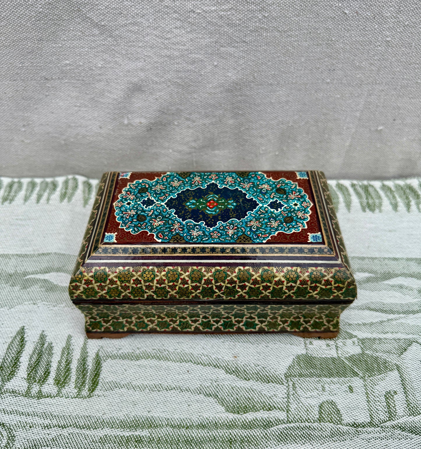 Vintage Persian Khatam Lacquered Wood Jewelry Box